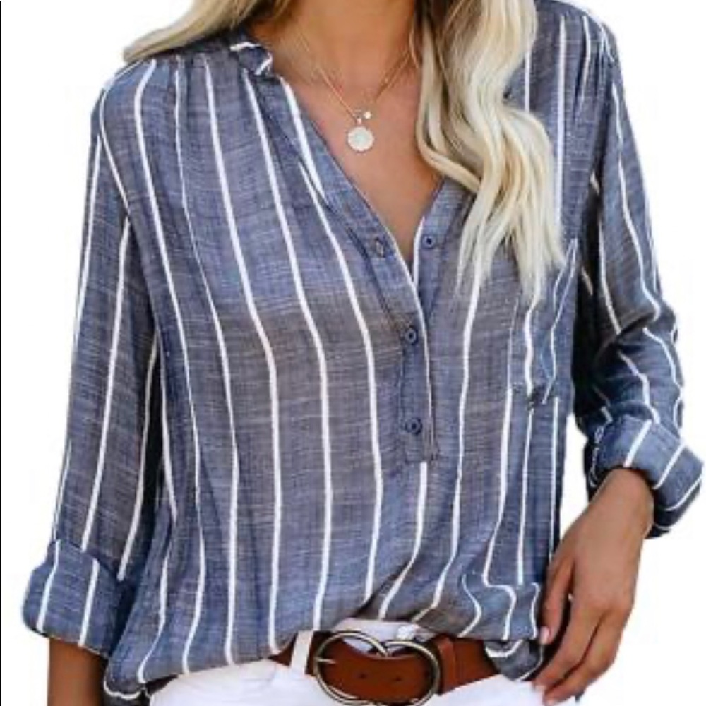 Blue Crisp Air Button Down Embroidered Top
